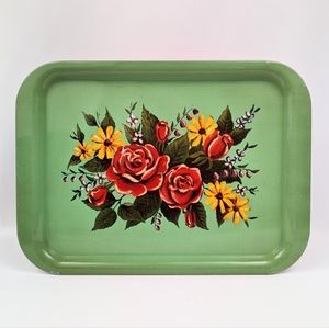 #5 Vintage Tole Painted Metal Tray Retro Floral Roses Cottage Farmhouse Country